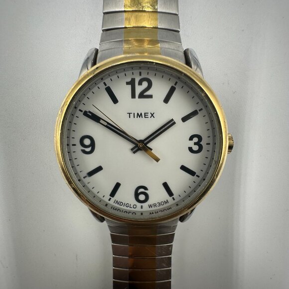 Timex Easy Reader Watch Men Silver Gold Two Tone BROKEN Stretch Band New Battery - Picture 1 of 8